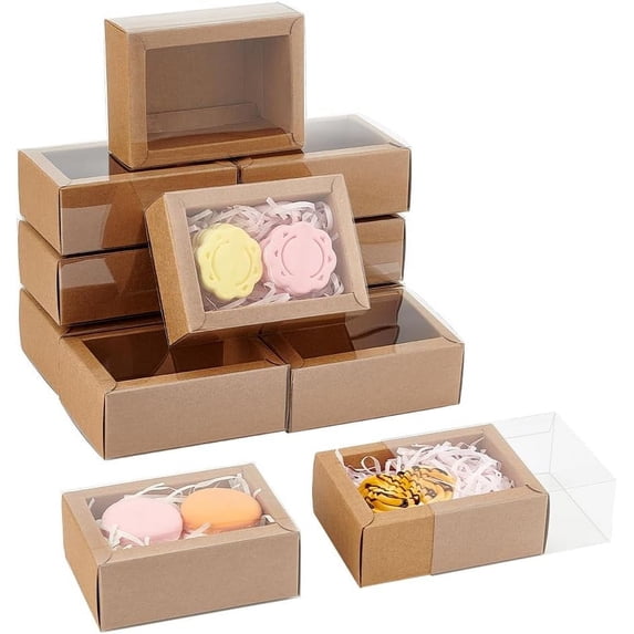 12 Pcs Rectangle Drawer Kraft Boxes 4.33x3.15x1.65 Inch Gift Packaging Case Foldable Paper Drawer Boxes with Clear Plastic Window DIY