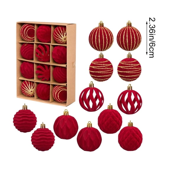 12 Pcs Red Flocked Christmas Ball Ornaments,2.36 Inch Velvet Suede Baubles,Hollow & Embossed Textured Hanging Balls with Gold Glitter Stripes for Christmas Tree Winter Holiday Decor
