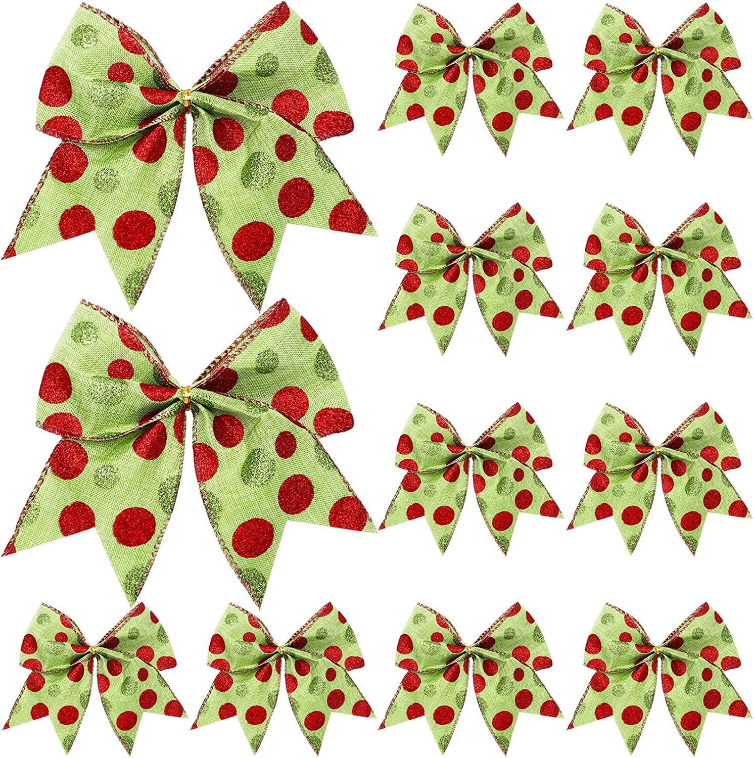 Set of 12 Large Red and Green Polka Dot Christmas Bows