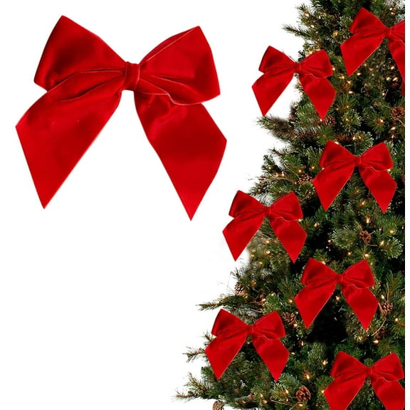 12 Pcs Red Velvet Bows for Christmas Tree Decorations - Pre-Tied with Loop for Wreath, Garland, and Gift Box Trimmings C