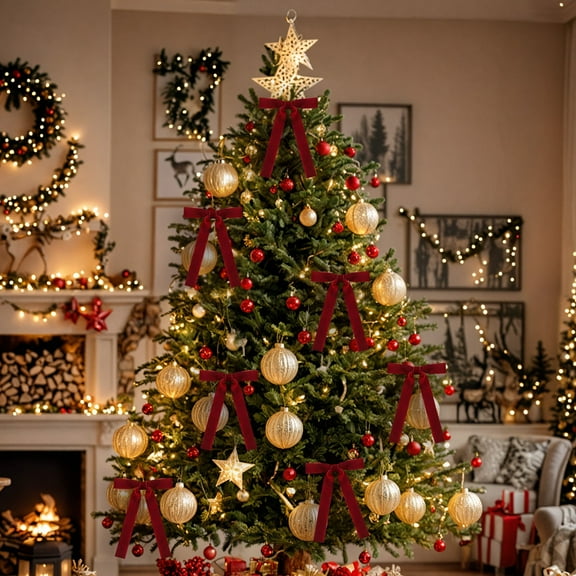 12 Pcs Red Velvet Christmas Bows (5.1×7.1in) - Rustic Xmas Tree & Indoor/Outdoor Holiday Decor