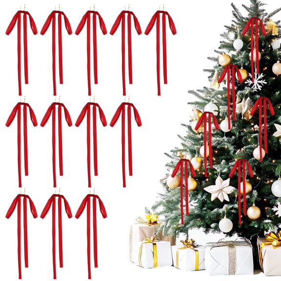 12 Pcs Red Velvet Christmas Bows, Large 23.6 X 15.7 In, Vintage Long Tail Design For Tree, Garland, Porch, Window, Indoor Outdoor Holiday Embellishments