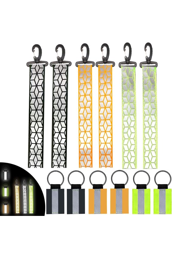 12 Pcs Reflector Pendants Set, 6 Bags Reflective Pendants & 6 Keychain Reflective Strips for Backpack Clothes Wheelchair Cycling Walking Running Tags