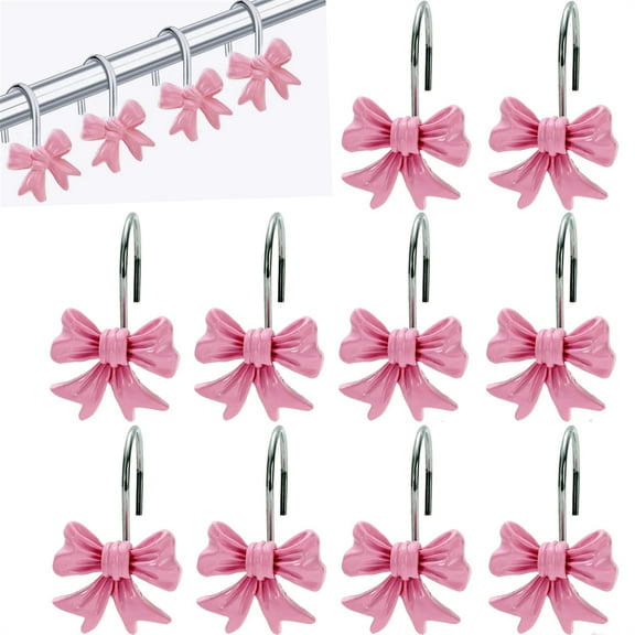 12 Pcs Resin Bow Shower Curtain Rings Pink Knot Decorative Hooks Accessories Cute Metal Hangers Single Hook Design for Home Bathroom Bedroom Decor By Scheam