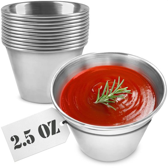 12 Pcs Reusable Dipping Sauce Cups - 2.5 Oz Stainless Steel Stackable Condiment Cups, Sauce Ramekins 2.3" Diameter - Metal Ramekins for Sushi, Wings, Charcuterie, Tasting Plates, Meal Prep & Sauces