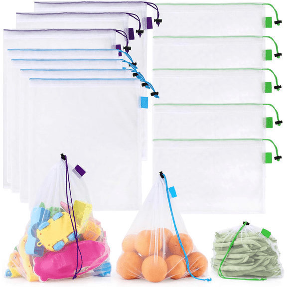 12 Pcs Reusable Mesh Produce Bags, Heavy Duty Barcode Scanable See Through Food Safe Drawstring Bags for Fruits, Vegetables, Grocery Storage - 3 Sizes