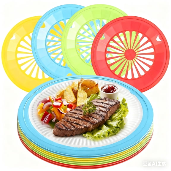 12 Pcs Reusable Paper Plate Dispenser with Snap in Grooves Multicolor Plastic Paper Plate Holder Set Round Heavy Duty Supports 10 inch Hollow Tray for Home Party Dinner Picnic By Scheam