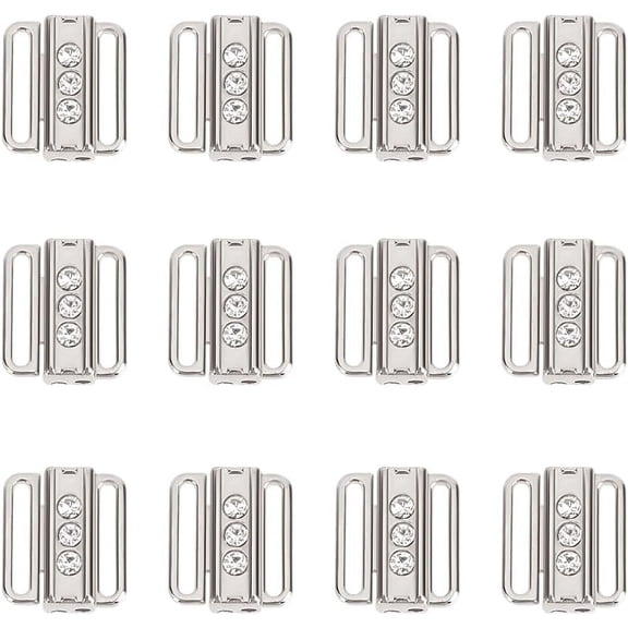 12 Pcs Rhinestone Bikini Connectors Bra Strap Hooks for Sewing Bikini Halter Swimsuit Tops Lingerie Rings Metal Bathing Suit Clips Adjustment Slider for Slip Dress Silver