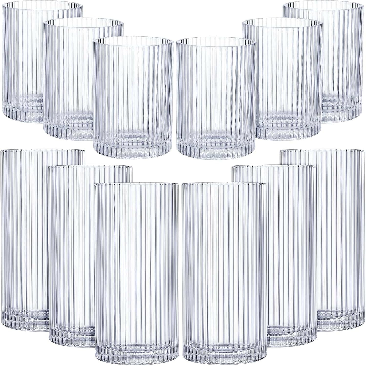 12 Pcs Ribbed Drinking Glasses Set 9 oz 12 oz Glass Cups Vintage Glassware Ribbed Cocktail Cup Clear Ice Coffee Highball Ripple Drinkware for Home Bar Beverages