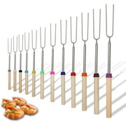 12 Pcs Roasting Sticks Wooden Handle, Extendable Stainless Steel Marshmallow Roasting Sticks Telescoping Forks, Campfire Sticks, 32in Smores Sticks, Telescoping Skewers for Campfire, BBQ