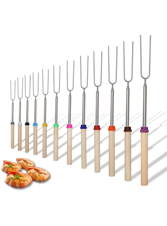 12 Piece Set Roasting Sticks Wooden Handle, Extendable Stainless Steel Marshmallow Roasting Sticks Telescoping Forks, Campfire Sticks, 32in Smores Sticks, Telescoping Skewers for Home Campfire, BBQ