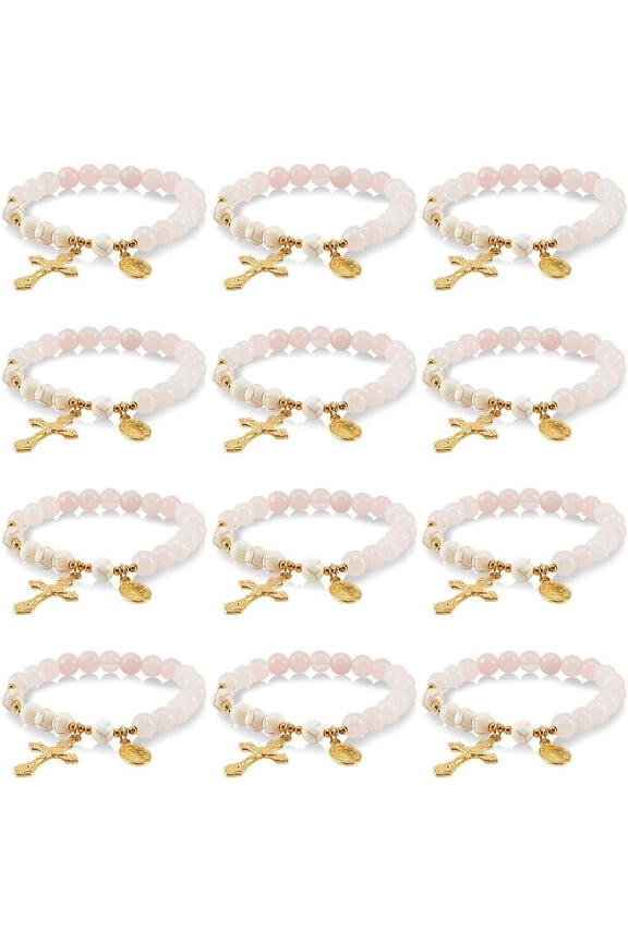 12 Pcs Rosary Bracelet Rose Quartz Rosary Bracelet Turquoise Beaded Stretch Bracelet Beads Bracelet for Women Faith Prayer Handmade Jewelry colorful