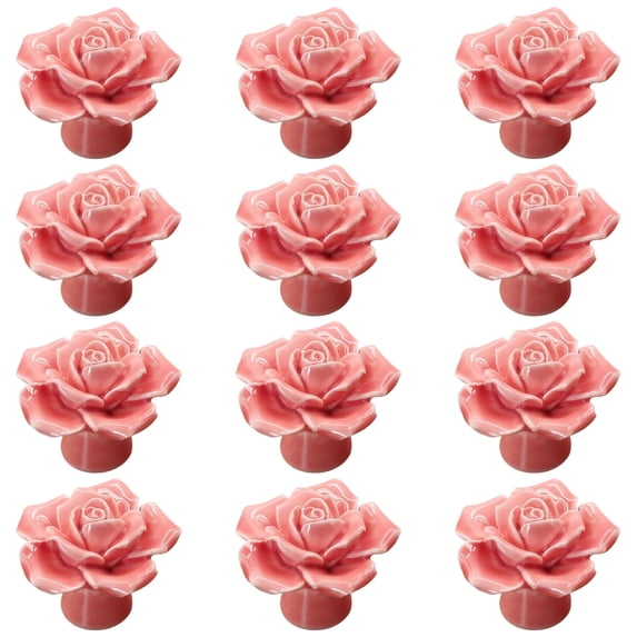 12 Pcs Rose Ceramic Knobs, Pink Dresser Knobs, Rose Drawer Pulls, Single Hole Cabinet Handles for Wardrobe Doors, Table Dresser Handles, Easy Installation for Nursery Furniture