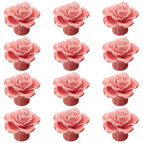 12 Pcs Rose Ceramic Knobs, Pink Dresser Knobs, Rose Drawer Pulls, Single Hole Cabinet Handles for Wardrobe Doors, Table Dresser Handles, Easy Installation for Nursery Furniture