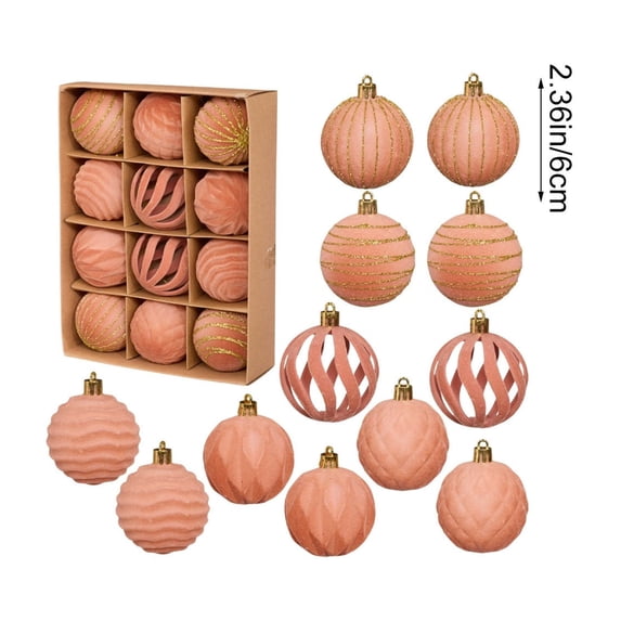 12 Pcs Rose Gold Flocked Christmas Ball Ornaments,2.36 Inch Velvet Suede Baubles,Hollow & Embossed Textured Hanging Balls with Gold Glitter Stripes for Christmas Tree Winter Holiday Decor