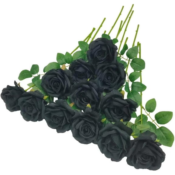 12 Pcs Roses Artificial Flowers Bulk, Fake Black Silk Flowers for Wedding Bridal Bouquet Party Home Office Decor, Black