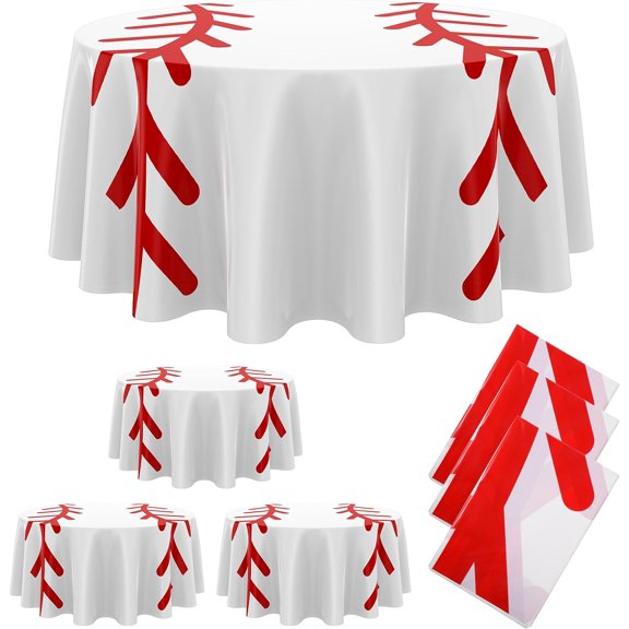 12 Pcs Round Baseball Tablecloth 84" Plastic Red White Baseball Tablecloth Disposable Circle Softball Sports Table Cloth Art Design Thread Decoration for Dining Wedding Birthday Party