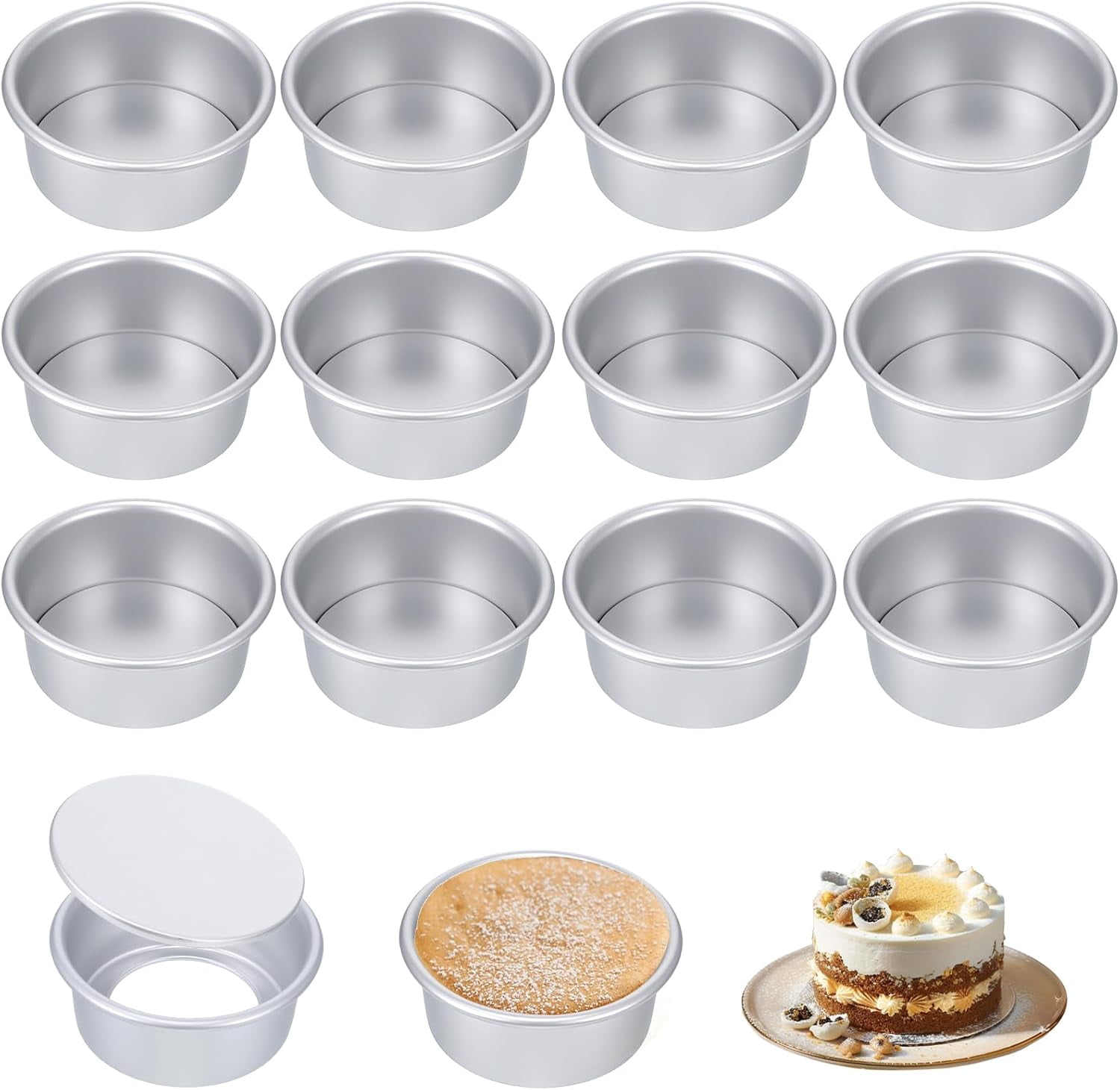 12 Pcs Round Cake Pans with Removable Bottom, 4 Inch Aluminum ...