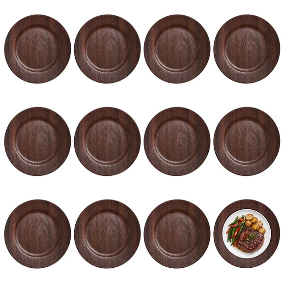 12 Pcs Round Charger Plates, 13" Faux Rustic Wood Grain Plastic Chargers, Farmhouse Decorative Dinner Plate Bases for Weddings, Parties, Holiday Table Settings