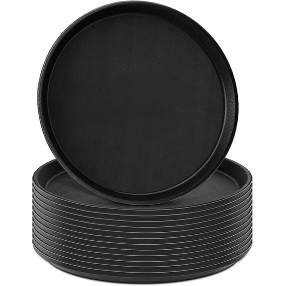 12 Pcs Round Serving Tray 11 Inch Non Slip Lined Surface Server Waitress Food Service Trays Anti Skid Plastic Circle Black Round Dish for Coffee Restaurant Bar Parties