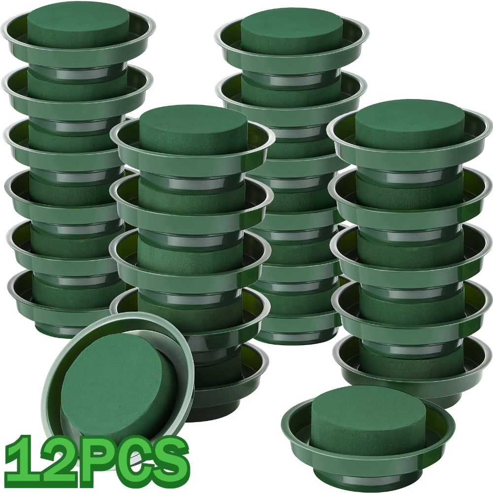 12 Pcs Round Wet Floral Foam with Dark Green Plastic Bowl,Premium Green Flower Mud for Fresh Floral Arrangements Wedding Aisle Birthday Churches Prom Table Floral Centerpiece Decor