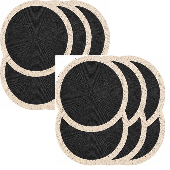 12 Pcs Round Wicker Placemats, 15 Inch Braided Hand Woven Table Mats, Heat Resistant Non-Slip Wipeable Wide Edge Place Mats for Kitchen Dining Indoor Outdoor Use