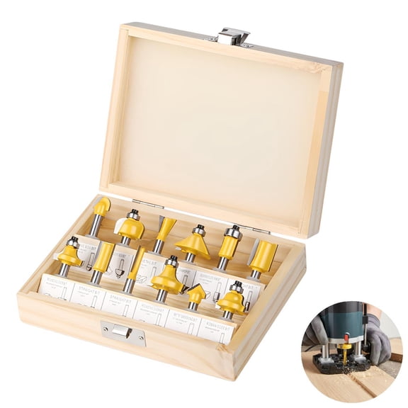12 Pcs Router Bit Set 1/4 Shank, Tungsten Carbide Woodworking Tools with Straight, Cove, V-Groove, Chamfer, Flush Trim Bits, Universal Shank, Wooden Box for Storage, Yellow