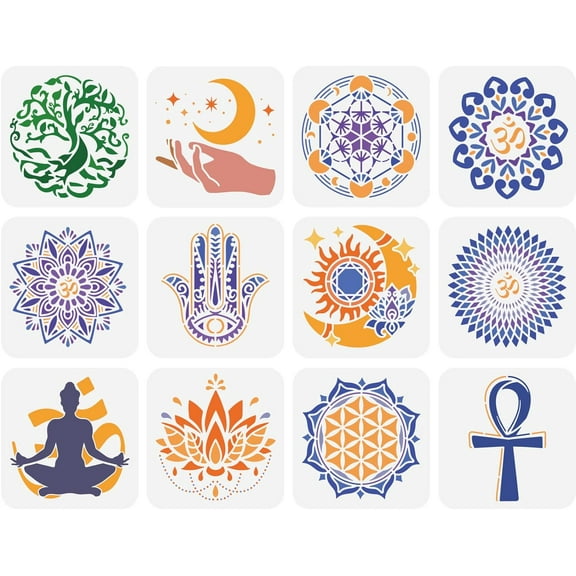 12 Pcs Sacred Geometry Stencil 5.9x5.9 inch Mandala Themed Stencil Plastic Lotus Flowers Tree of Life Hamsa Hand Sun Moon Pattern Stencil Reusable Stencil for Home Wall Floor Decor