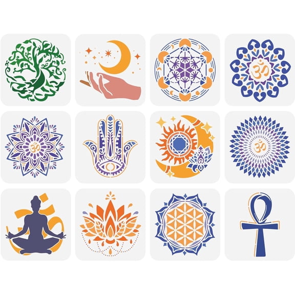 12 Pcs Sacred Geometry Stencil 5.9x5.9 inch Mandala Themed Stencil Plastic Yoga Lotus Flowers Tree of Life Hamsa Hand Sun Moon Pattern Stencil Reusable Stencil for Home Wall Floor Decor