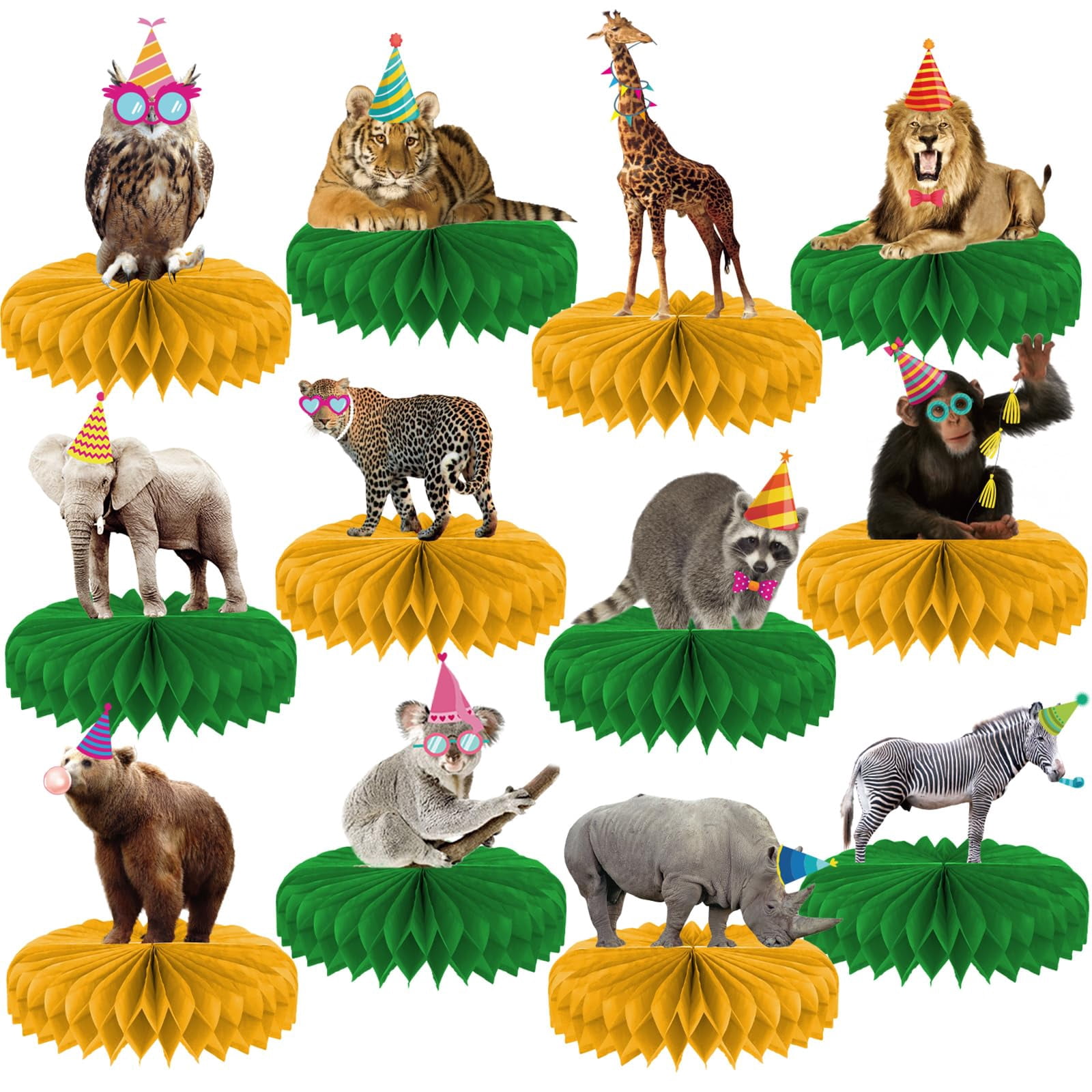 Jungle Animal Honeycomb Decorations - 9-Piece Set (Elephant, Lion, Giraffe, Monkey, Palm Tree) For Safari Baby Shower & Birthday Party