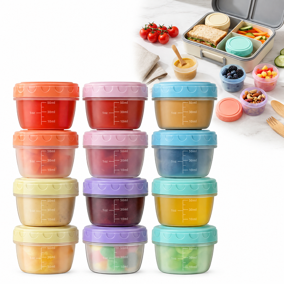 12 Pcs Salad Dressing Containers to Go with Lids, 2.7 oz Reusable Leakproof Small Sauce Containers with Graduated Lines, Dishwasher & Microwave Safe Mini Condiment Dip Cups for Lunch Box