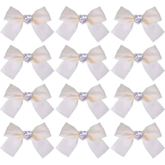 12 Pcs Satin Ribbon Bows with Heart Rhinestones Beige Satin Bowknot DIY