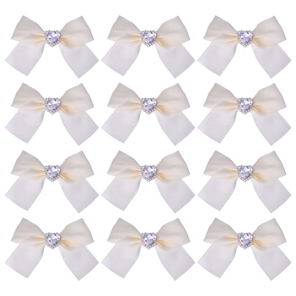 12 Pcs Satin Ribbon Bows with Heart Rhinestones Beige Satin Bowknot for Cloth Hair Decoration Wedding Party Craft Supply Ornament Accessories