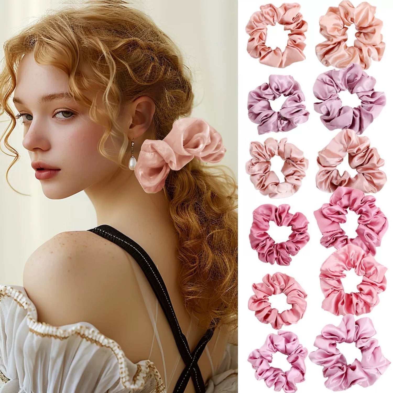 12 Pcs Satin Scrunchies Silk Scrunchies Silk Hair Ties Set Ponytail Hair Ties for Women for All Hair Types and Textures,Prevents Frizz & Breakage,No Damage,2 Sizes (Gentle Colors, Plain Pattern)