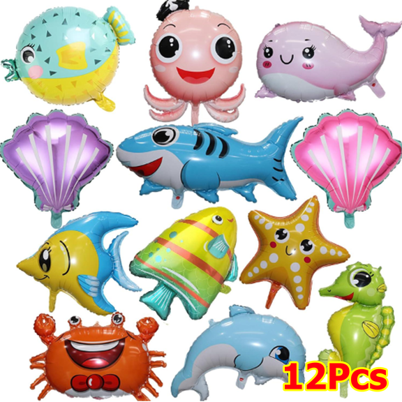 12 Pcs Sea Animal Balloons, Under The Sea Decorations, Creature Shark Dolphin Whale Fish Octopus Ocean Foil Balloons, Under The for Ocean Theme Party Decorations