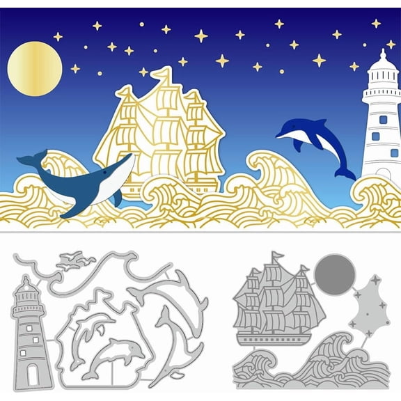 12 Pcs Sea Ship Whale Metal Cutting Dies and Hot Foil Plate Sea Ship Whale Metal Die Cuts Embossing Stencils for DIY Scrapbooking Paper Cards Decor Embossing Foil Handmade Craft for DIY