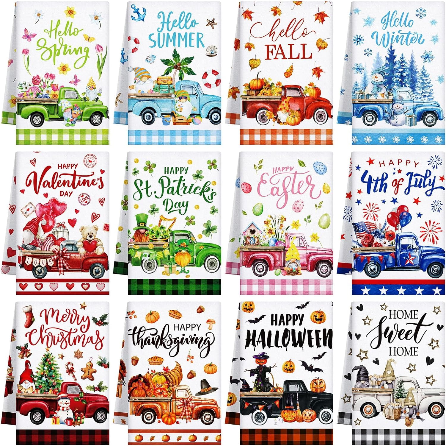 12 Pcs Seasonal Kitchen Towels Set for All Holidays Spring Easter Irish Hand Dish Tea Towels Bulk Absorbent Dishcloths Housewarming Gift for Cooking Kitchen Bathroom(Truck Style)