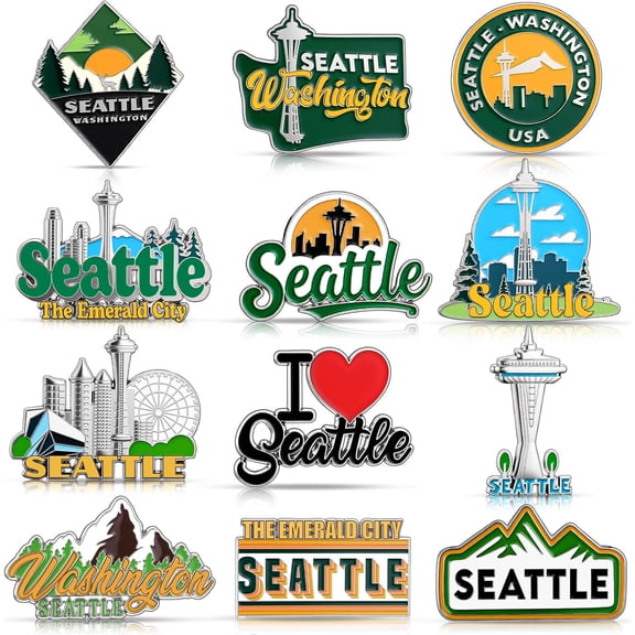 12 Pcs Seattle Magnets for Refrigerator Metal Washington Fridge Magnet Magnetic Seattle Souvenirs Gifts USA State Magnetic Us City Refrigerator Stickers, Space Needle
