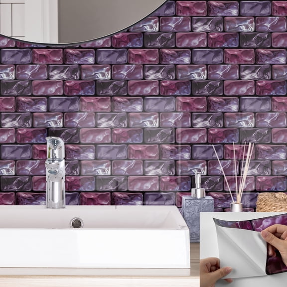 12 Pcs Self Adhesive Tiles Stickers Purple Mosaic Brick Pattern 6 x 12inches Peel and Stick Waterproof Kitchen Backsplash Decals