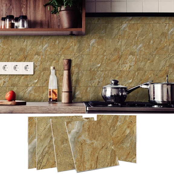 12 Pcs Set Peel and Stick Wall Tile Stickers Brown Gray Marbling Decals 5.91" x 5.91" Waterproof PET Foam Backsplash for Kitchen Bathroom Decor