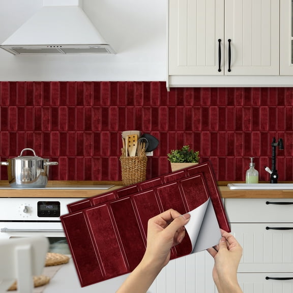 12 Pcs Set Red Tile Stickers 12"x6" Vertical Stripes Tile Decals Kitchen Backsplash Decal Bathroom Removable Tile Wall Stick