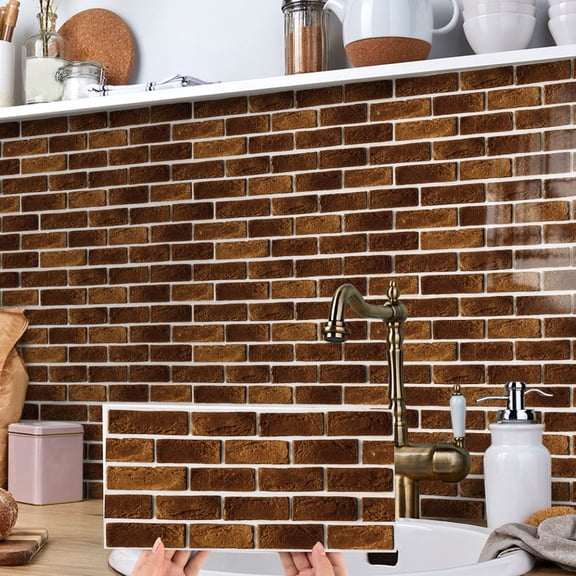 12 Pcs/Set Self Adhesive Tile Stickers Decals 12"x6" Brown Brick Vinyl Peel and Stick Kitchen Bathroom Waterproof Tiles DIY Decor