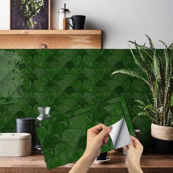 12 Pcs Set Self Adhesive Tile Stickers Tile Decals Green Flower Pattern 12"x6" Removable Decorative Peel and Stick for Kitchen Bathroom Shower Room