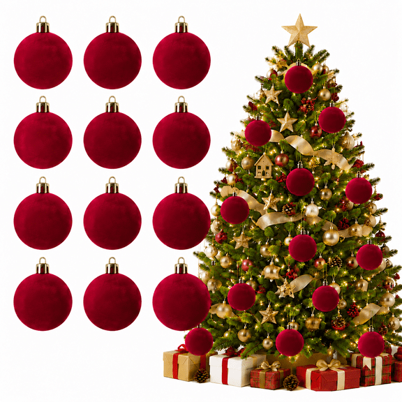 12 Pcs Shatterproof Red Velvet Ornaments for Christmas Tree Decorations, 2.36 Inch Elegant Velvet Christmas Ornaments Balls for Xmas Tree, Wreath, Mantel Home Decor