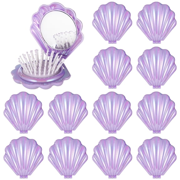 12 Pcs Shell Mirror Comb, Portable Folding Hair Brush, 2-in-1 Compact Detangler, Pearlescent Shell Design, Massage Bristles for Scalp, Ideal Travel Comb Set for Women, Party Favors, Gifts