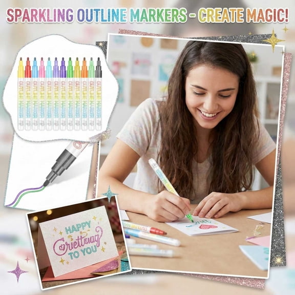 12 Pcs Shimmer Marker Set, 2026 Outline Marker Set, Glitter Gel Double Line Outline Pen Sparkle Markers Colorful Art Pens