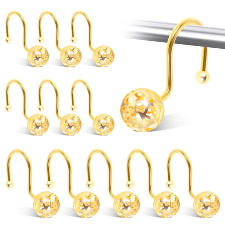 Fkszll 12 Pcs Shower Curtain Hooks Metal Shower Curtain Rings Decorative Shower Curtain Hangers Rustproof Bath Accessories Set for Bathroom Home Decor, Gold