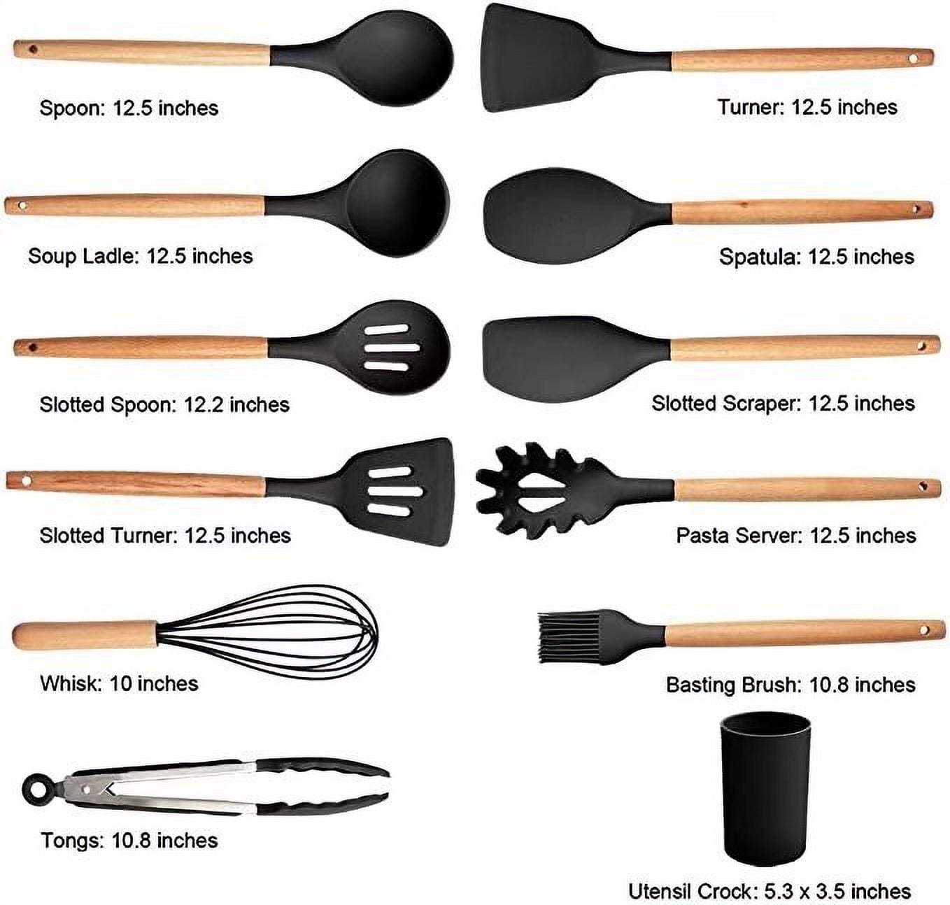 12/16Pcs Kitchen Silicone Cooking Utensil Set Black Wooden Spoons for –  LYHOE