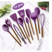 12 Pcs Silicone Cooking Utensil Set Wooden Handle Cooking Tools BPA Free Kitchen Gadgets with Holderpurple