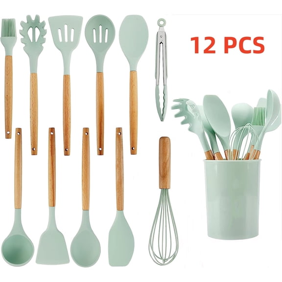 12 Pcs Silicone Cooking Utensils, Kitchen Utensil Set - 446F Heat Resistant,Easy to Clean Wooden Kitchen Utensils,Wooden Handle Green Gadgets with Holder for Nonstick Cookware (BPA Free)